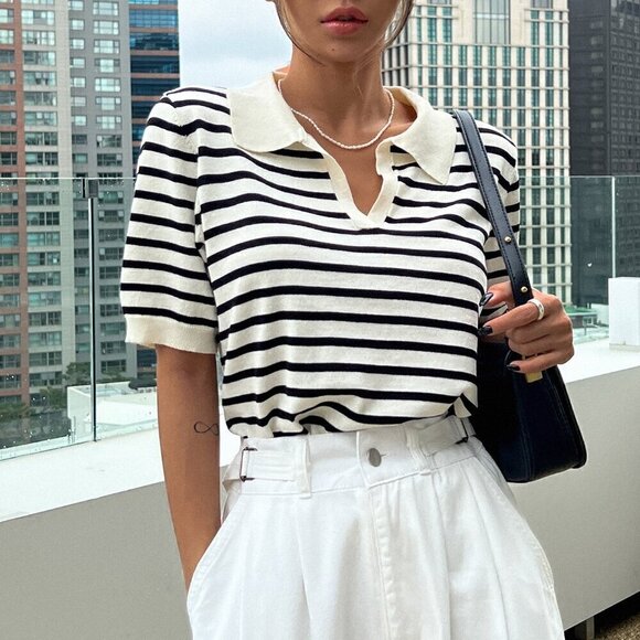 Black and White Casual Women's Striped Pattern Knit Top - Picture 7 of 8